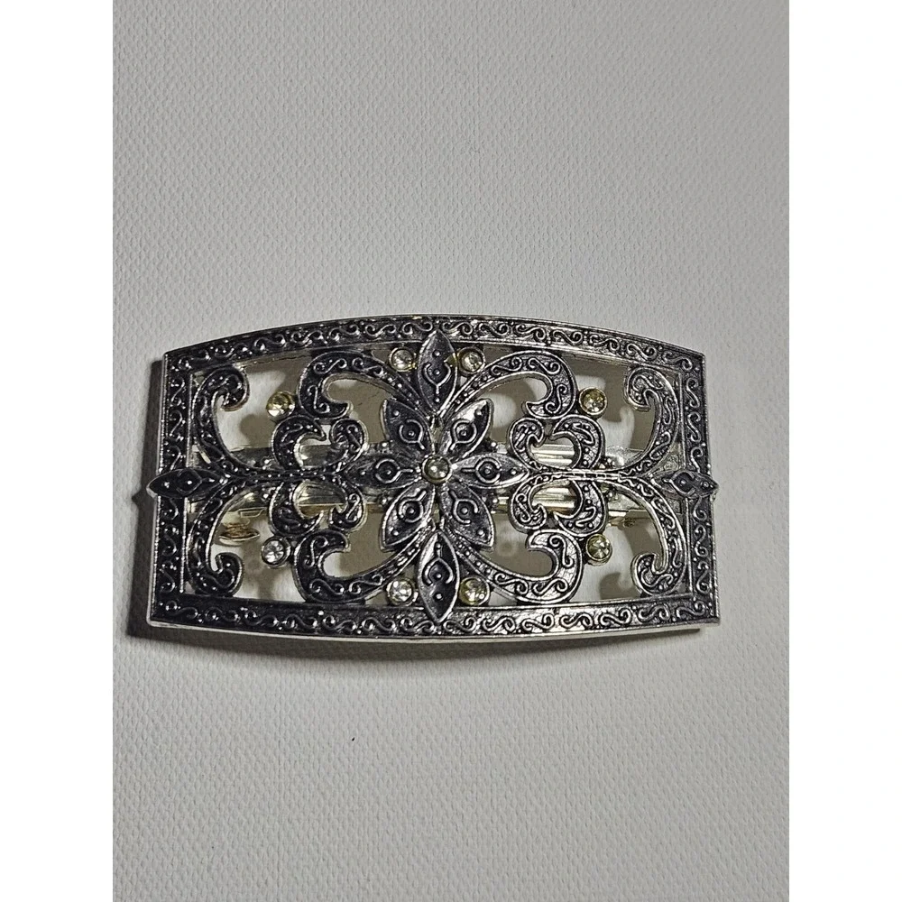 Vintage Silver Tone Filigree Hair Barrette Ornate Victorian Floral French Clip